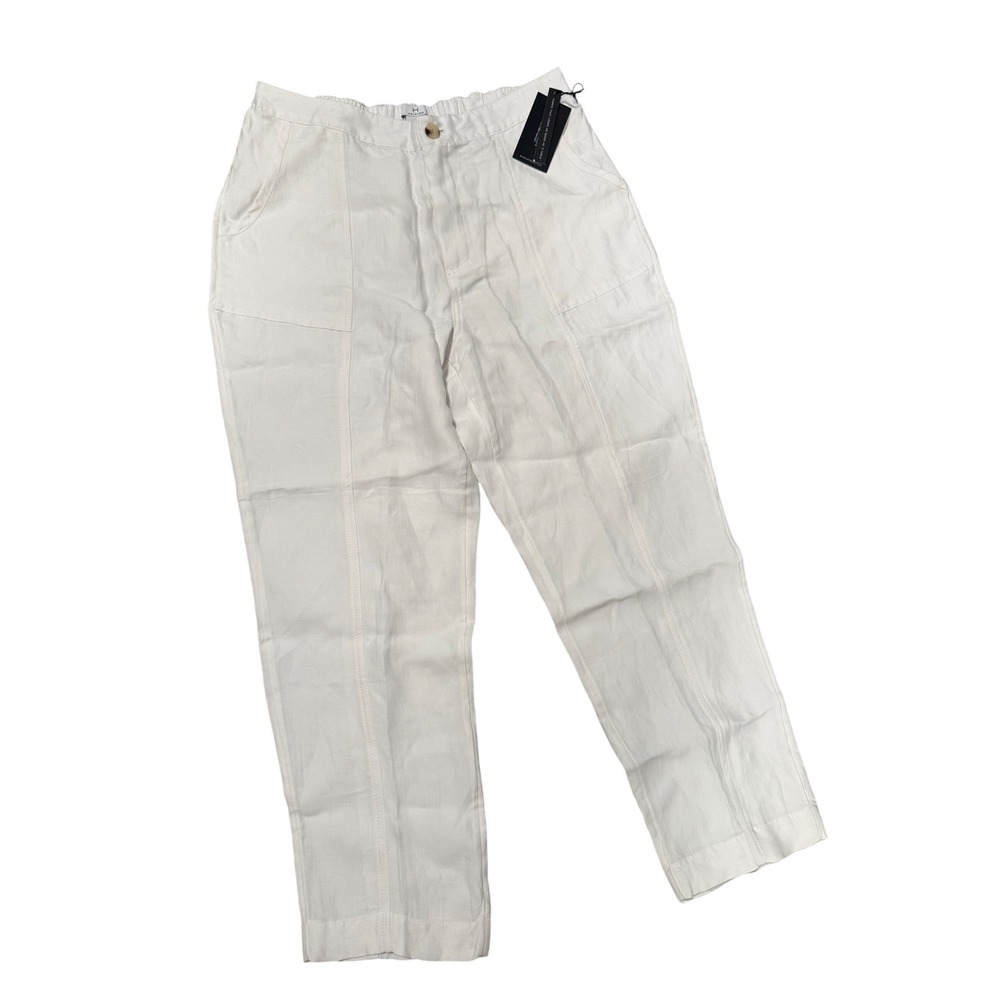 Halston White Linen Blend Straight Leg Pants Women Size Large NWT